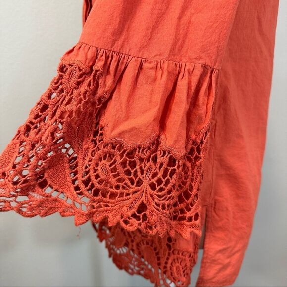 Chico’s Orange Button Up Shirt Lace Accent Bell Sleeve Size 0 US Size 4/6 - Picture 6 of 13